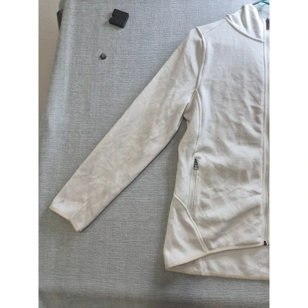 Andrew Marc Fleece Jacket Womens Medium Beige High Low Hem Hooded Full Zip
